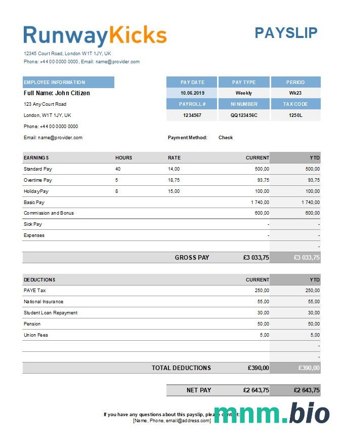 Szablon payslip firmy Runway Kicks w formatach Excel i PDF